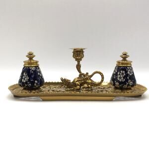 Antique Gilt Bronze Dragon Filigree and Ceramic Inkwell Candle Holder